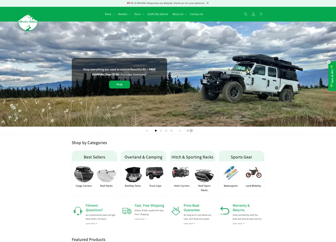 Adventure Outdoors e-commerce website for outdoor gear in BC