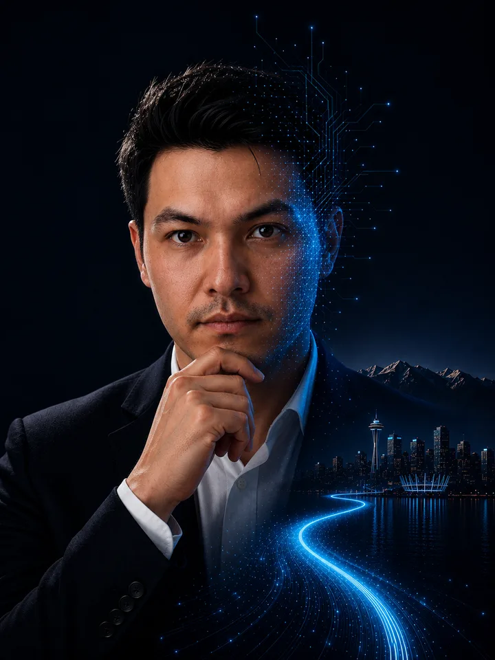 Ismail Ahmadi — AI and automation specialist, with the Vancouver skyline and data streams