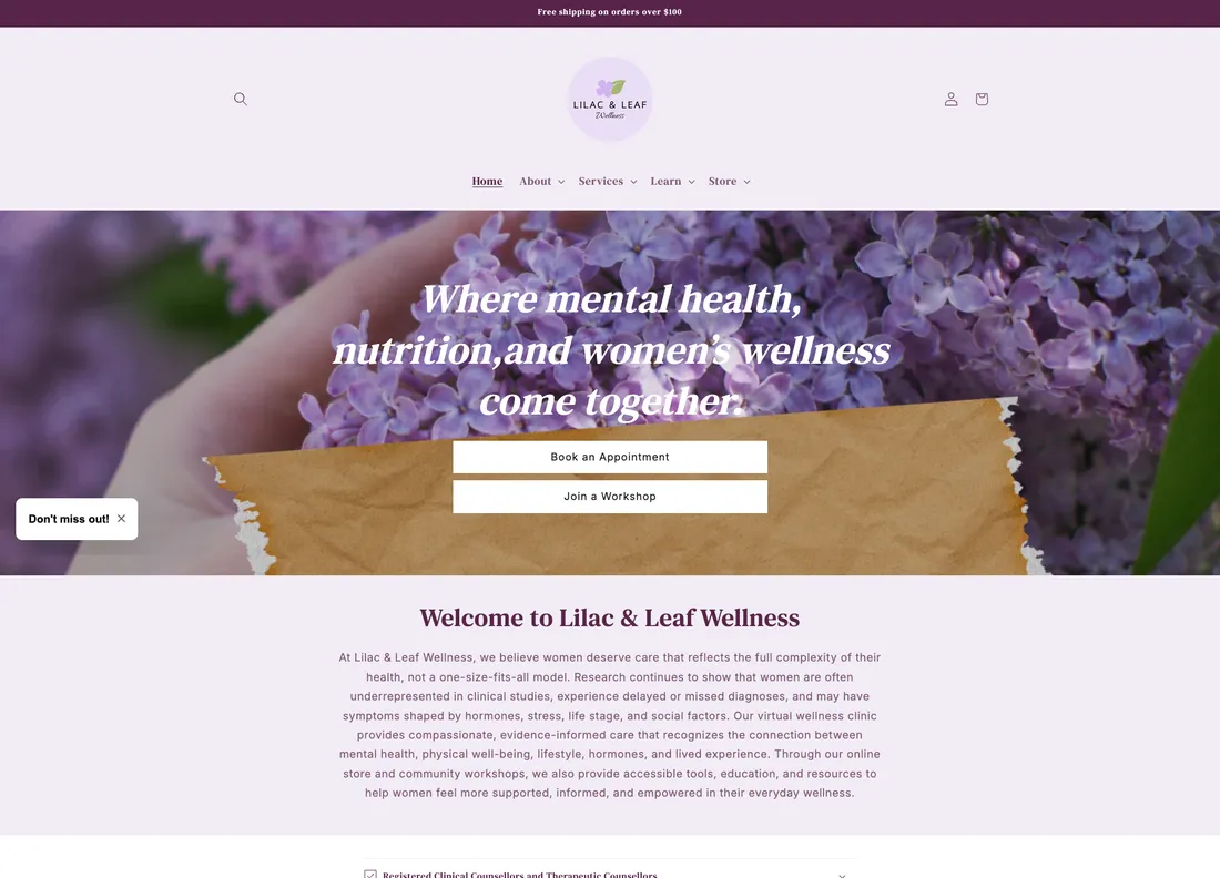 Lilac and Leaf wellness clinic website on Shopify